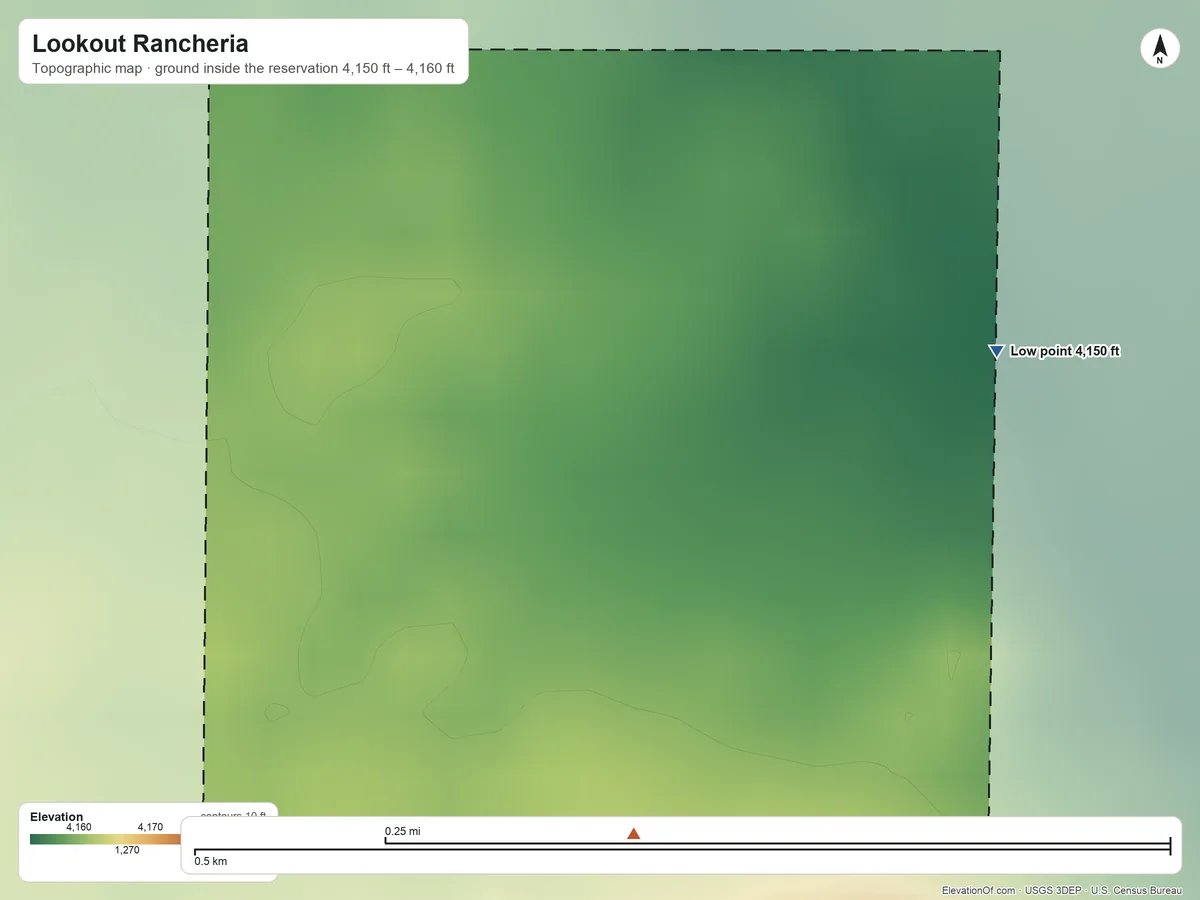 Topographic elevation map of Lookout Rancheria, California, shaded from 4,150 ft on the east side to 4,160 ft on the south side