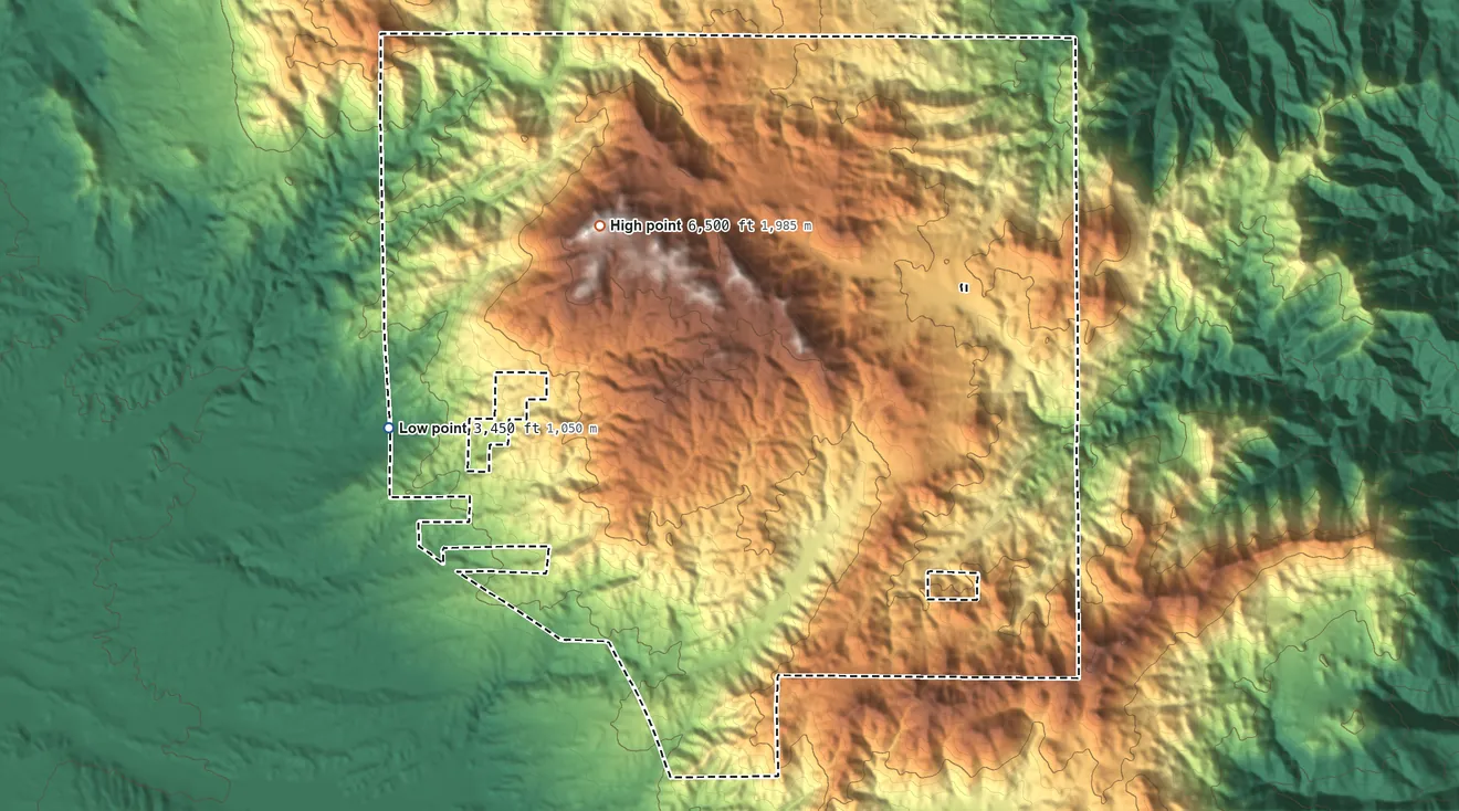 Topographic elevation map of Los Coyotes Reservation, California, shaded from 3,450 ft on the west side to 6,500 ft on Hot Springs Mountain