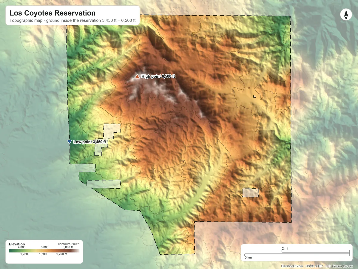 Topographic elevation map of Los Coyotes Reservation, California, shaded from 3,450 ft on the west side to 6,500 ft on Hot Springs Mountain