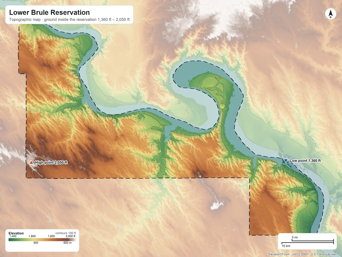 Topographic elevation map of Lower Brule Reservation, South Dakota, shaded from 1,360 ft on the east side to 2,050 ft on the west side