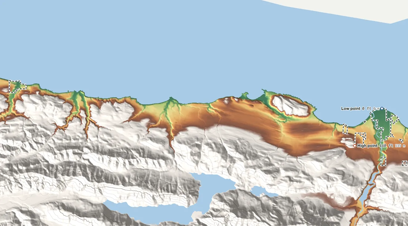 Topographic elevation map of Lower Elwha Reservation, Washington, shaded from sea level on the Salish Sea to 440 ft on the east side