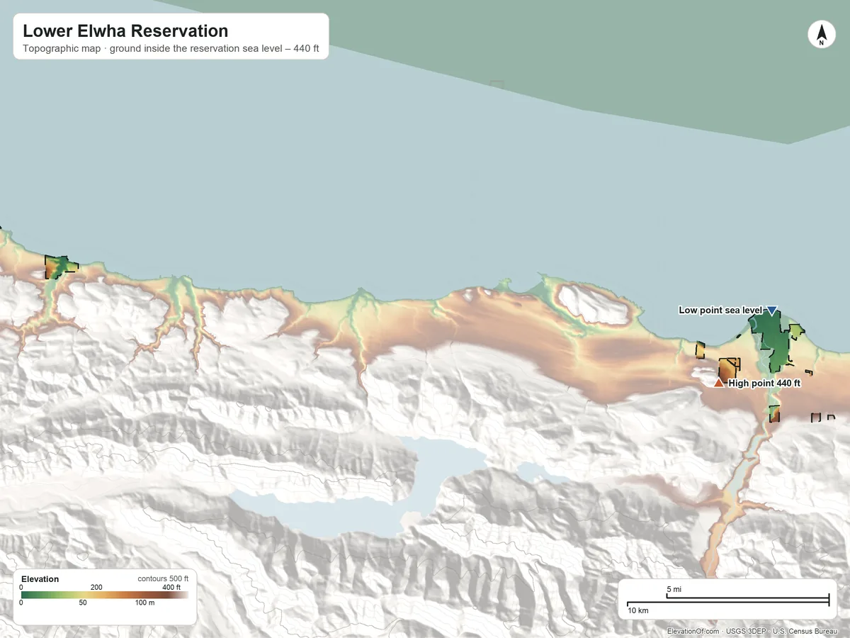Topographic elevation map of Lower Elwha Reservation, Washington, shaded from sea level on the Salish Sea to 440 ft on the east side