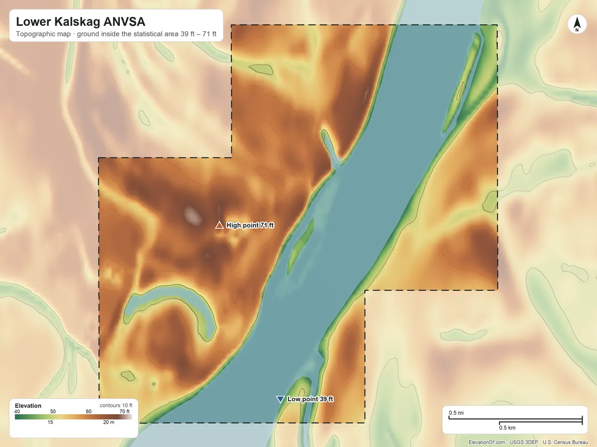 Topographic elevation map of Lower Kalskag ANVSA, Alaska, shaded from 39 ft on the south side to 71 ft on the west side