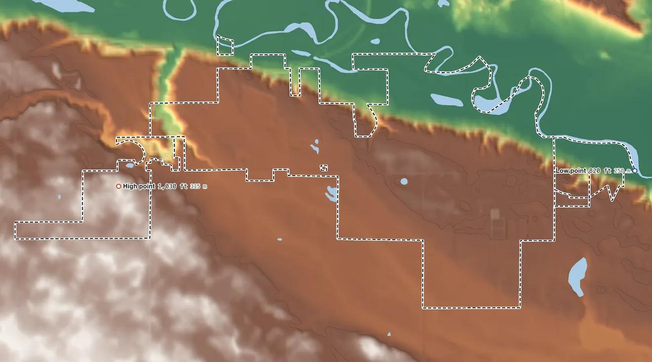 Topographic elevation map of Lower Sioux Indian Community, Minnesota, shaded from 820 ft on the east side to 1,030 ft on the west side
