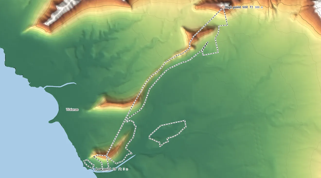 Topographic elevation map of Lualualei Hawaiian Home Land, Hawaii, shaded from 10 ft on the southwest side to 980 ft on the northeast side