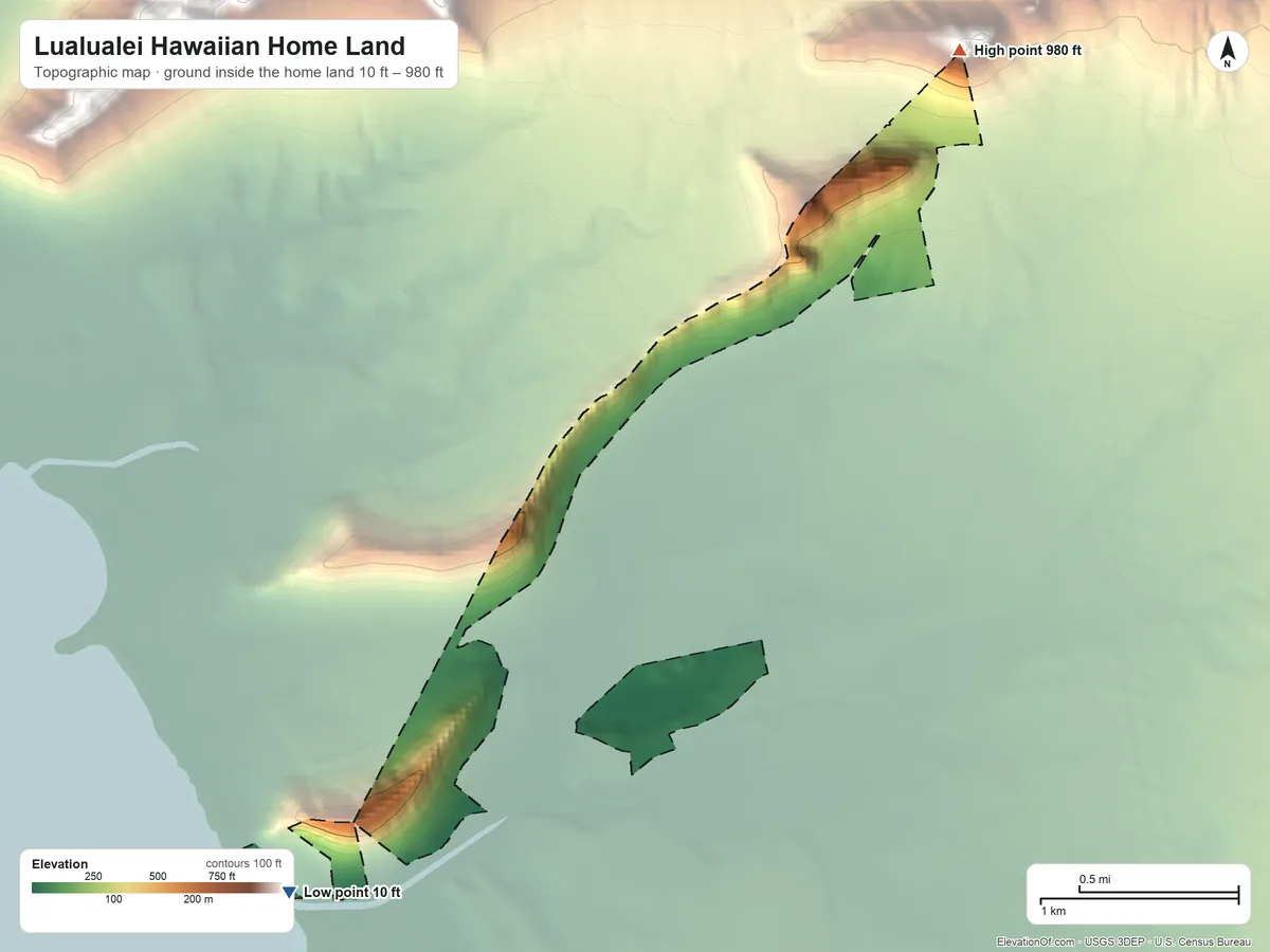 Topographic elevation map of Lualualei Hawaiian Home Land, Hawaii, shaded from 10 ft on the southwest side to 980 ft on the northeast side