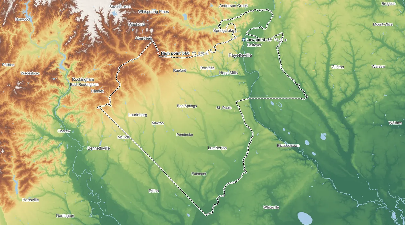 Topographic elevation map of Lumbee SDTSA, North Carolina, shaded from 30 ft on the northeast side to 560 ft on the northwest side