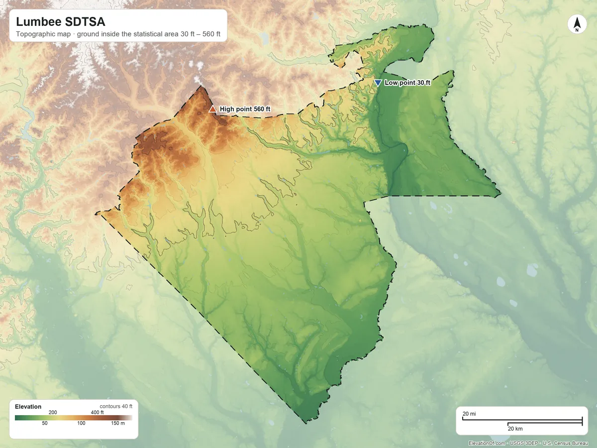 Topographic elevation map of Lumbee SDTSA, North Carolina, shaded from 30 ft on the northeast side to 560 ft on the northwest side