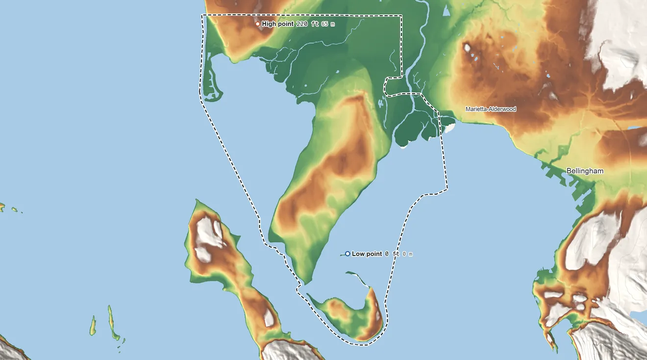 Topographic elevation map of Lummi Reservation, Washington, shaded from sea level on the Salish Sea to 220 ft on the northwest side