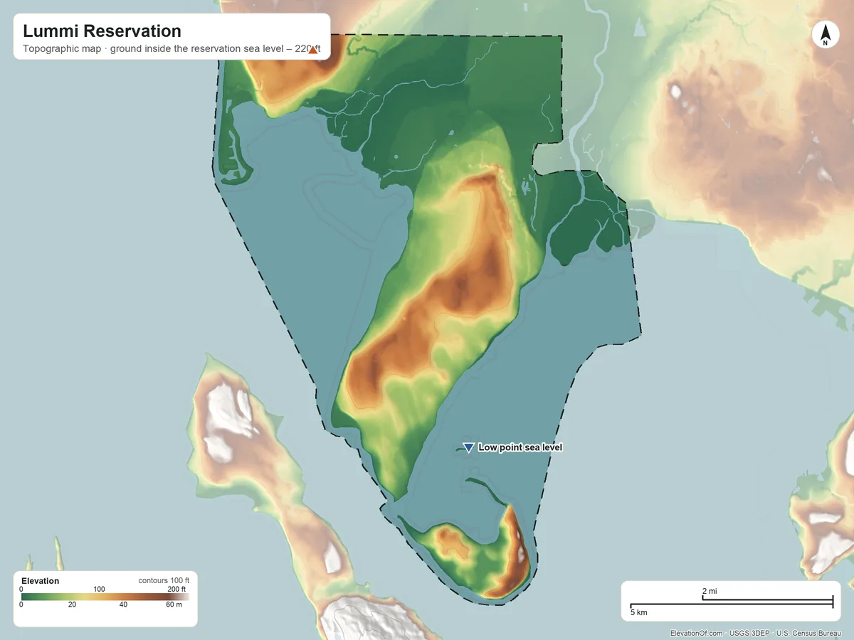 Topographic elevation map of Lummi Reservation, Washington, shaded from sea level on the Salish Sea to 220 ft on the northwest side