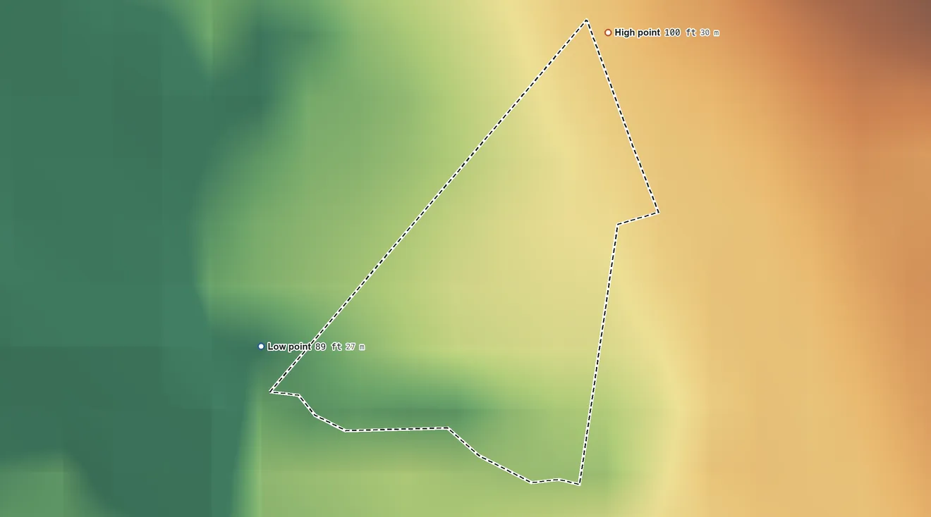 Topographic elevation map of Lytton Rancheria, California, shaded from 89 ft on the southwest side to 100 ft on the northeast side