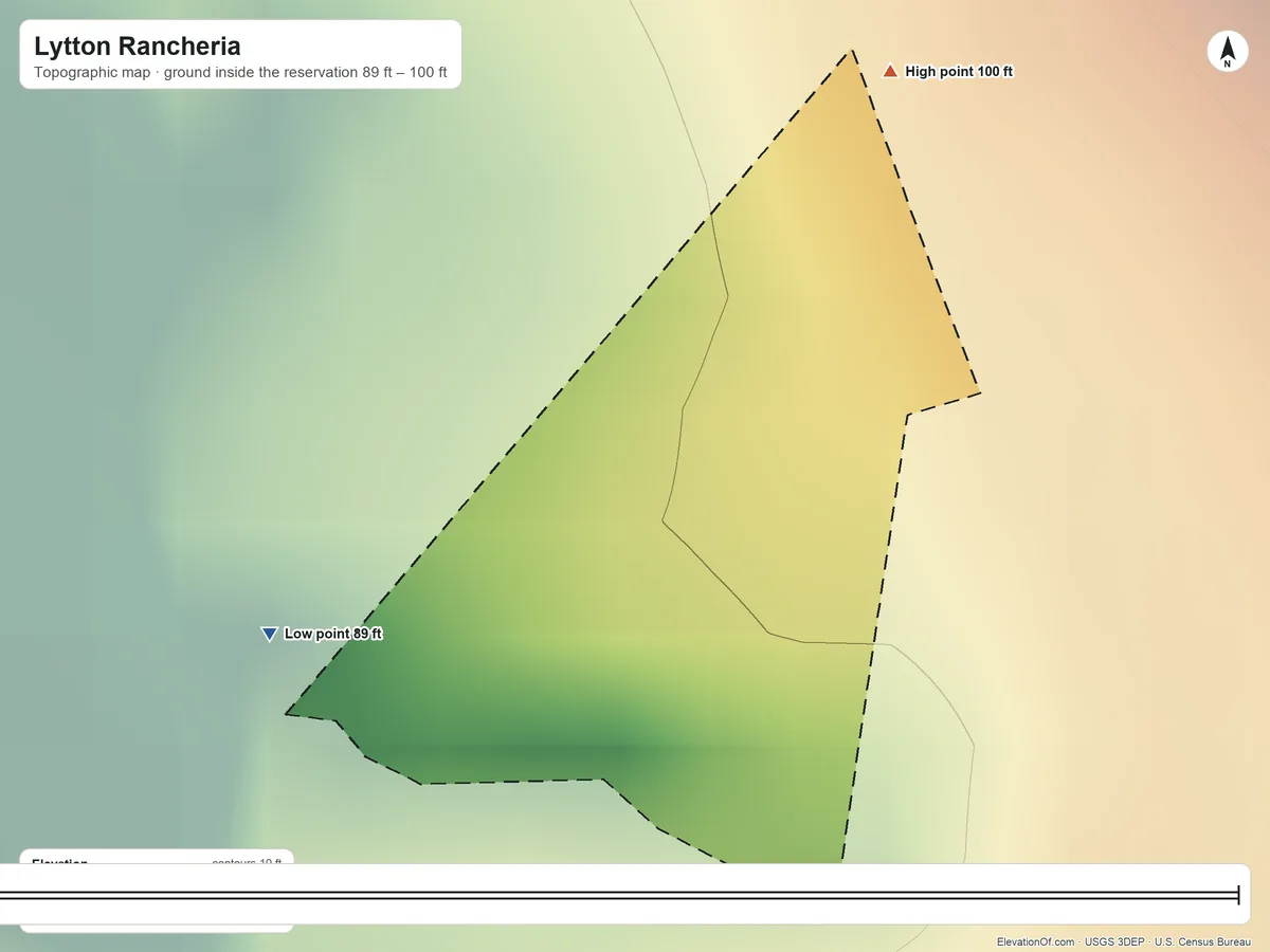 Topographic elevation map of Lytton Rancheria, California, shaded from 89 ft on the southwest side to 100 ft on the northeast side