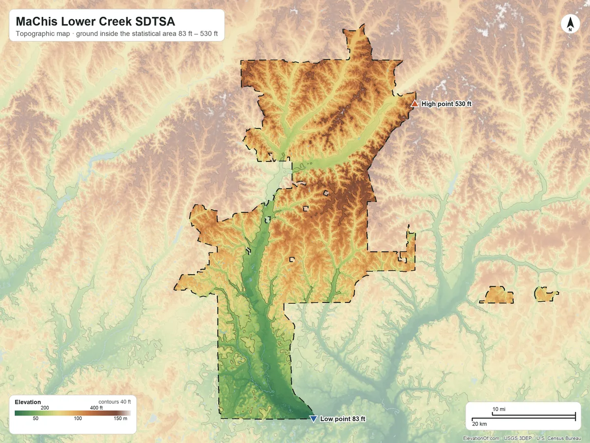 Topographic elevation map of MaChis Lower Creek SDTSA, Alabama, shaded from 83 ft on the south side to 530 ft on the northeast side