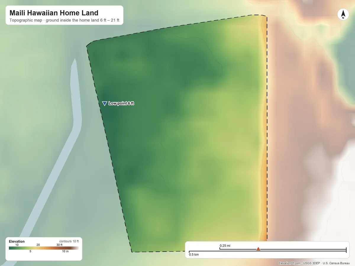 Topographic elevation map of Maili Hawaiian Home Land, Hawaii, shaded from 6 ft on the west side to 21 ft on the southeast side