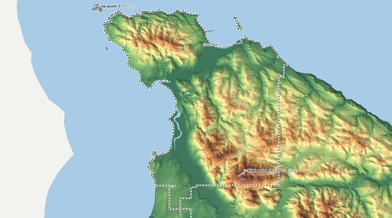 Topographic elevation map of Makah Indian Reservation, Washington, shaded from sea level on the Pacific Ocean to 1,970 ft on Tsoo-Yess Peak
