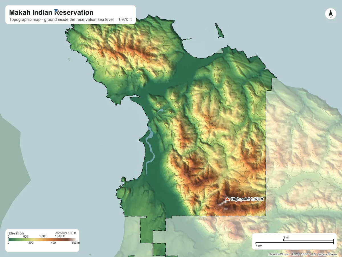 Topographic elevation map of Makah Indian Reservation, Washington, shaded from sea level on the Pacific Ocean to 1,970 ft on Tsoo-Yess Peak
