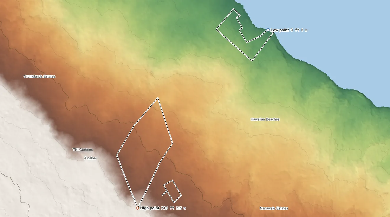 Topographic elevation map of Makuu Hawaiian Home Land, Hawaii, shaded from sea level on the Pacific Ocean to 710 ft on the southwest side