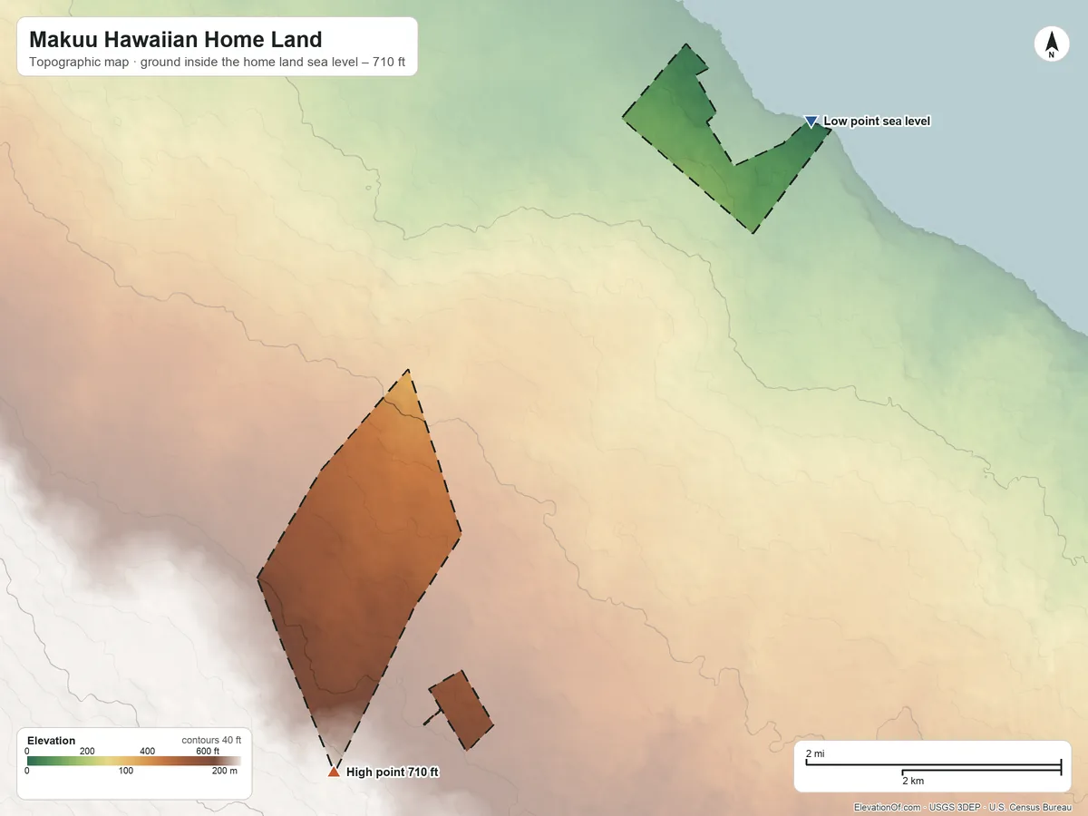 Topographic elevation map of Makuu Hawaiian Home Land, Hawaii, shaded from sea level on the Pacific Ocean to 710 ft on the southwest side