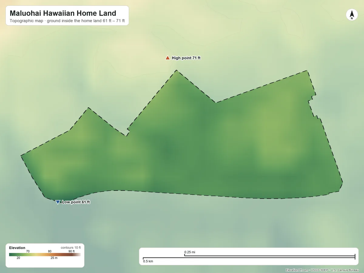 Topographic elevation map of Maluohai Hawaiian Home Land, Hawaii, shaded from 61 ft on the southwest side to 71 ft on the north side
