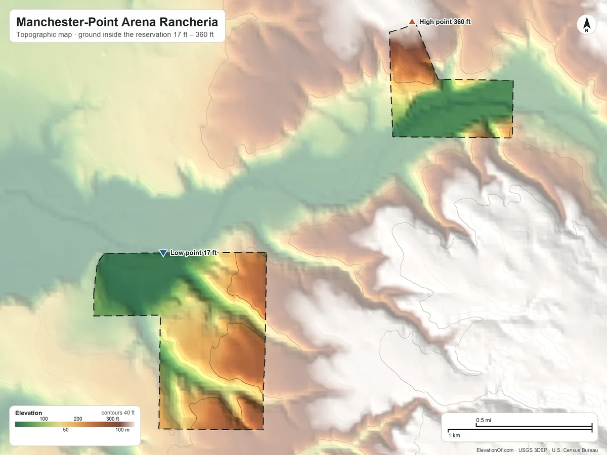 Topographic elevation map of Manchester-Point Arena Rancheria, California, shaded from 17 ft on the west side to 360 ft on the northeast side