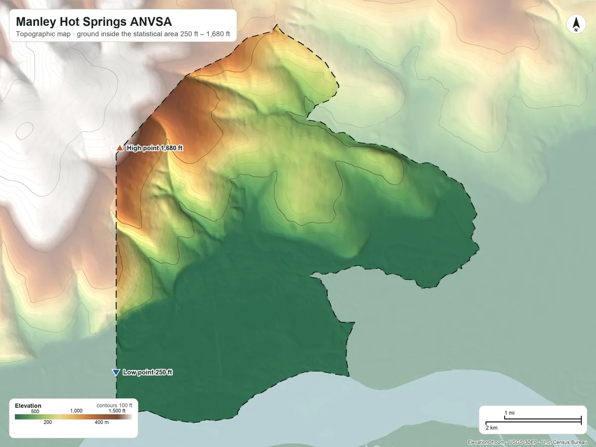 Topographic elevation map of Manley Hot Springs ANVSA, Alaska, shaded from 250 ft on the southwest side to 1,680 ft on the northwest side
