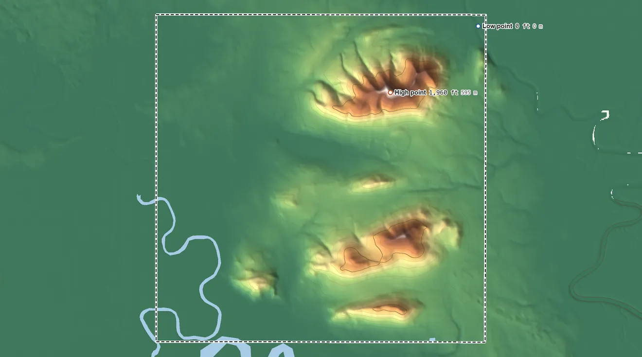 Topographic elevation map of Manokotak ANVSA, Alaska, shaded from 0 ft on the northeast side to 1,960 ft on Gnarled Mountain