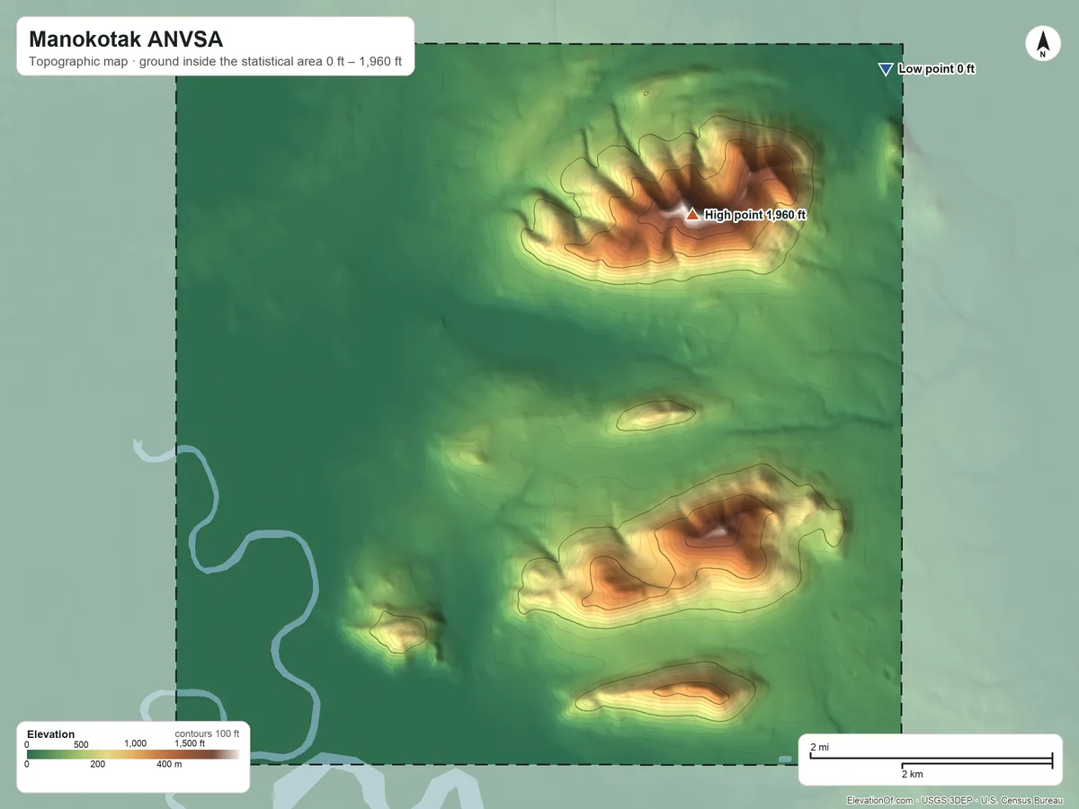 Topographic elevation map of Manokotak ANVSA, Alaska, shaded from 0 ft on the northeast side to 1,960 ft on Gnarled Mountain