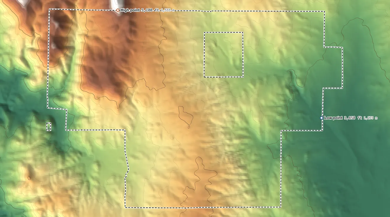 Topographic elevation map of Manzanita Reservation, California, shaded from 3,850 ft on the east side to 5,100 ft on the northwest side