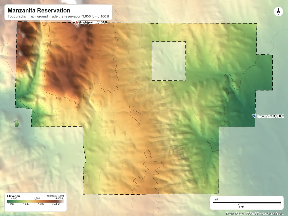 Topographic elevation map of Manzanita Reservation, California, shaded from 3,850 ft on the east side to 5,100 ft on the northwest side