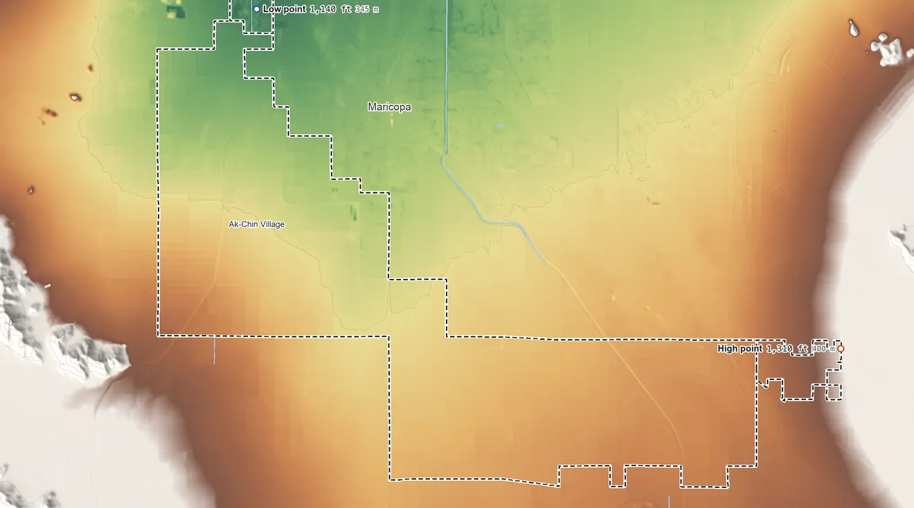 Topographic elevation map of Maricopa (Ak Chin) Indian Reservation, Arizona, shaded from 1,140 ft on the northwest side to 1,310 ft on the east side