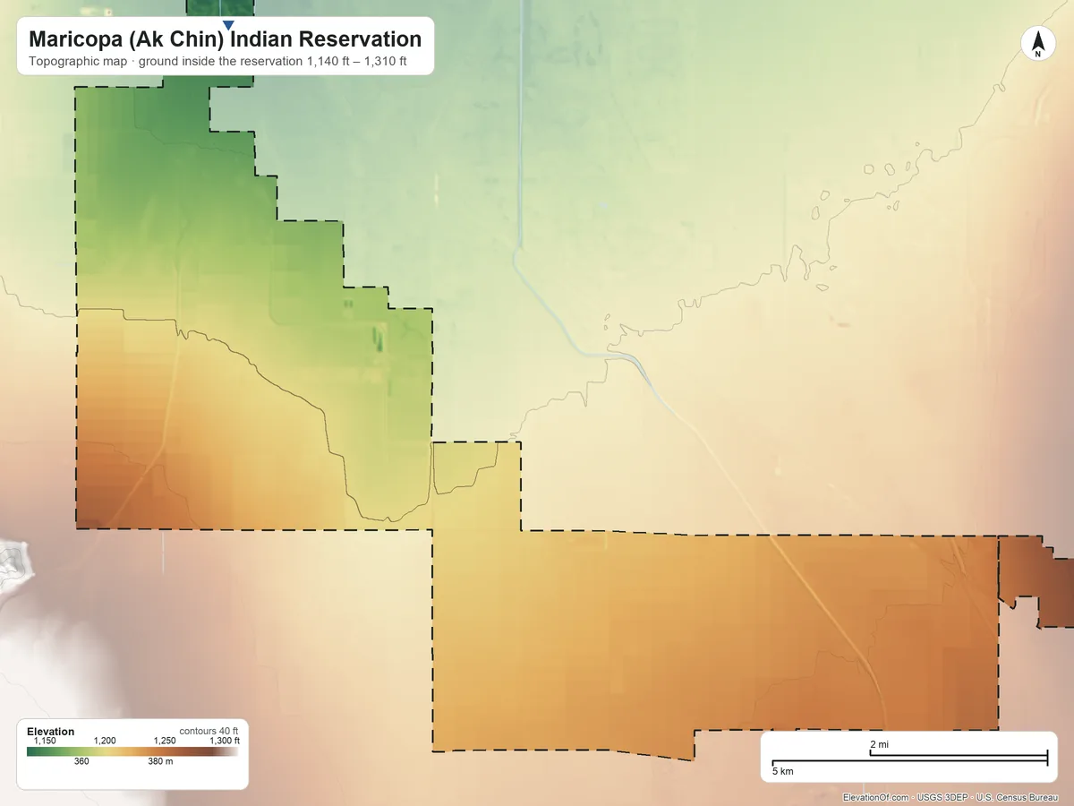 Topographic elevation map of Maricopa (Ak Chin) Indian Reservation, Arizona, shaded from 1,140 ft on the northwest side to 1,310 ft on the east side