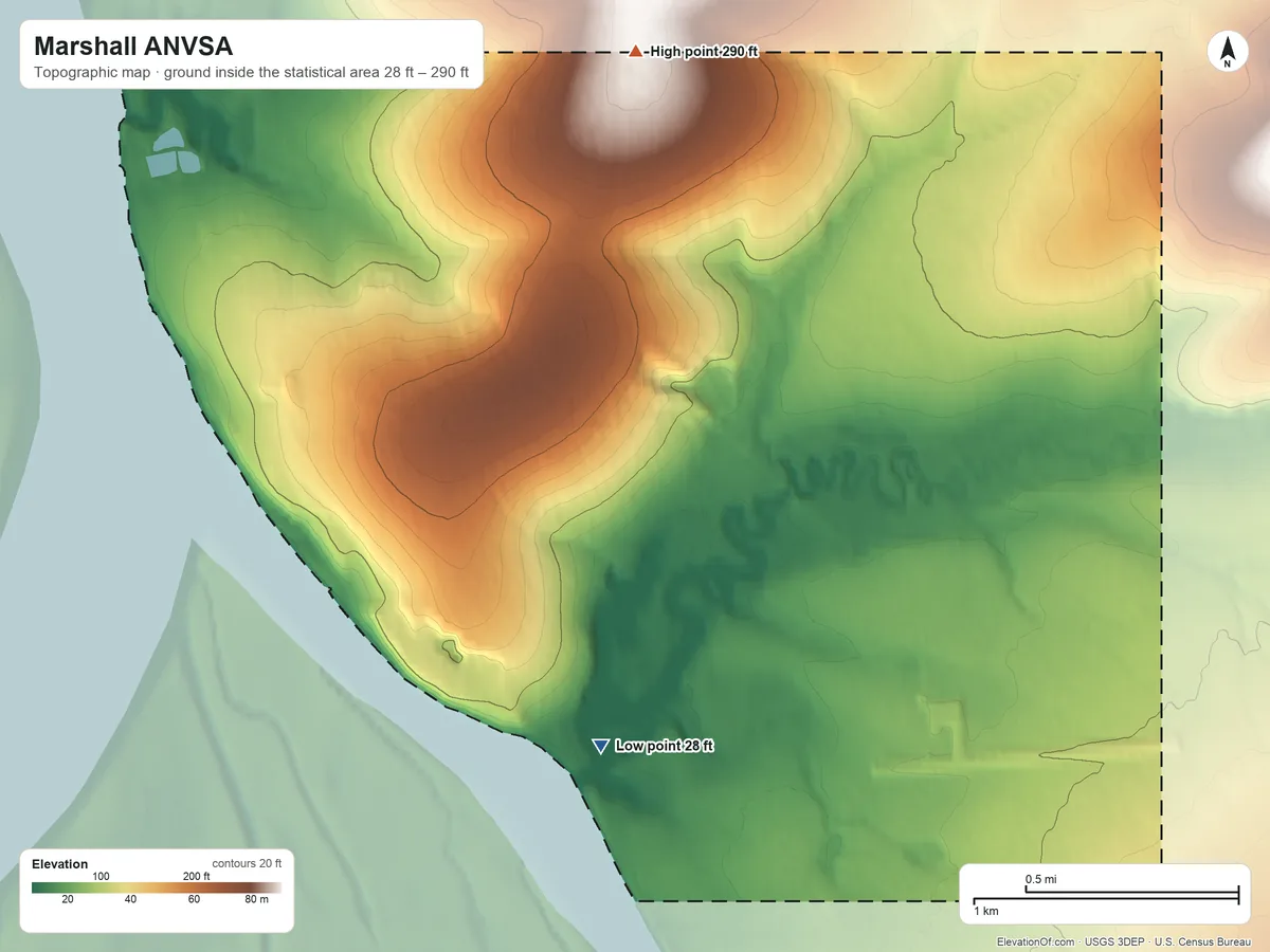 Topographic elevation map of Marshall ANVSA, Alaska, shaded from 28 ft on the south side to 290 ft on the north side