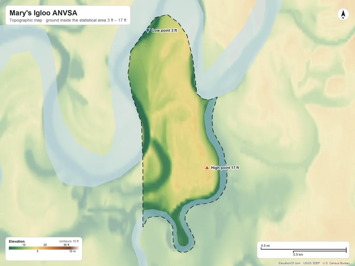 Topographic elevation map of Mary's Igloo ANVSA, Alaska, shaded from 3 ft on the north side to 17 ft on the southeast side