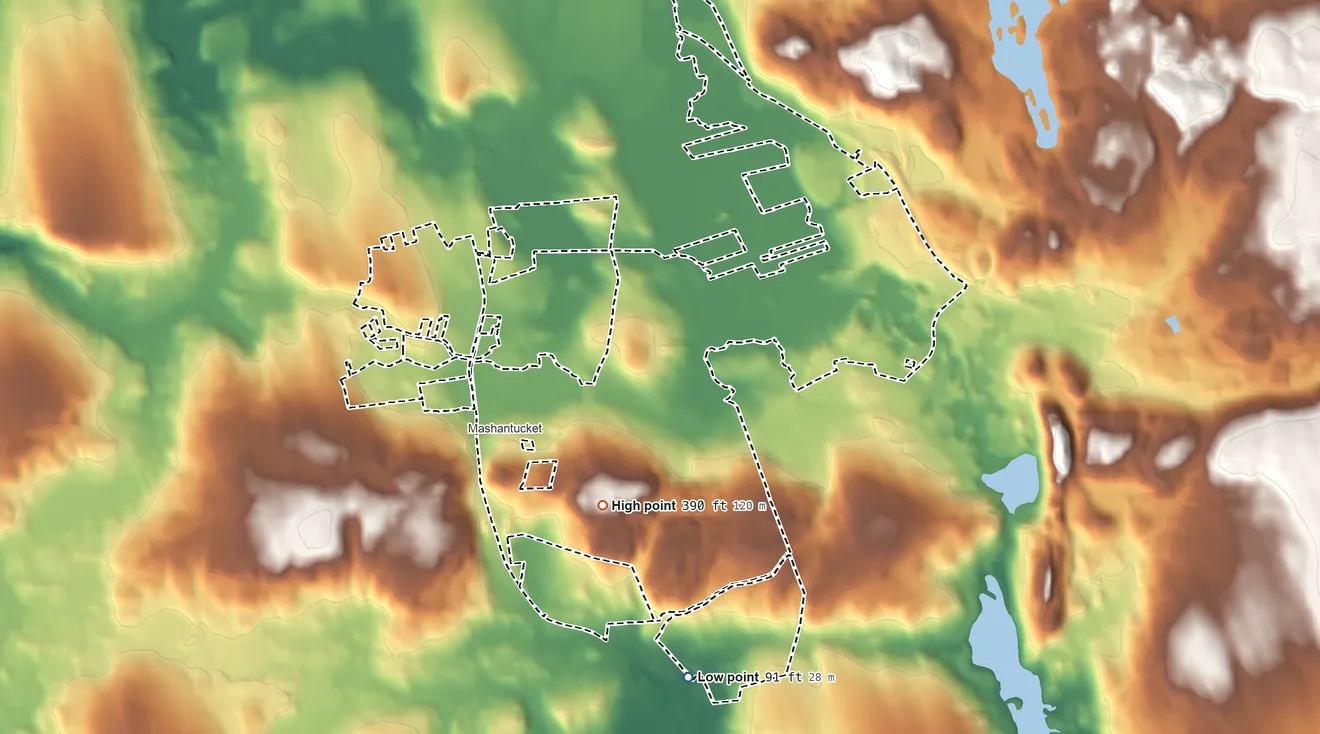 Topographic elevation map of Mashantucket Pequot Reservation, Connecticut, shaded from 91 ft on the south side to 390 ft on the southwest side