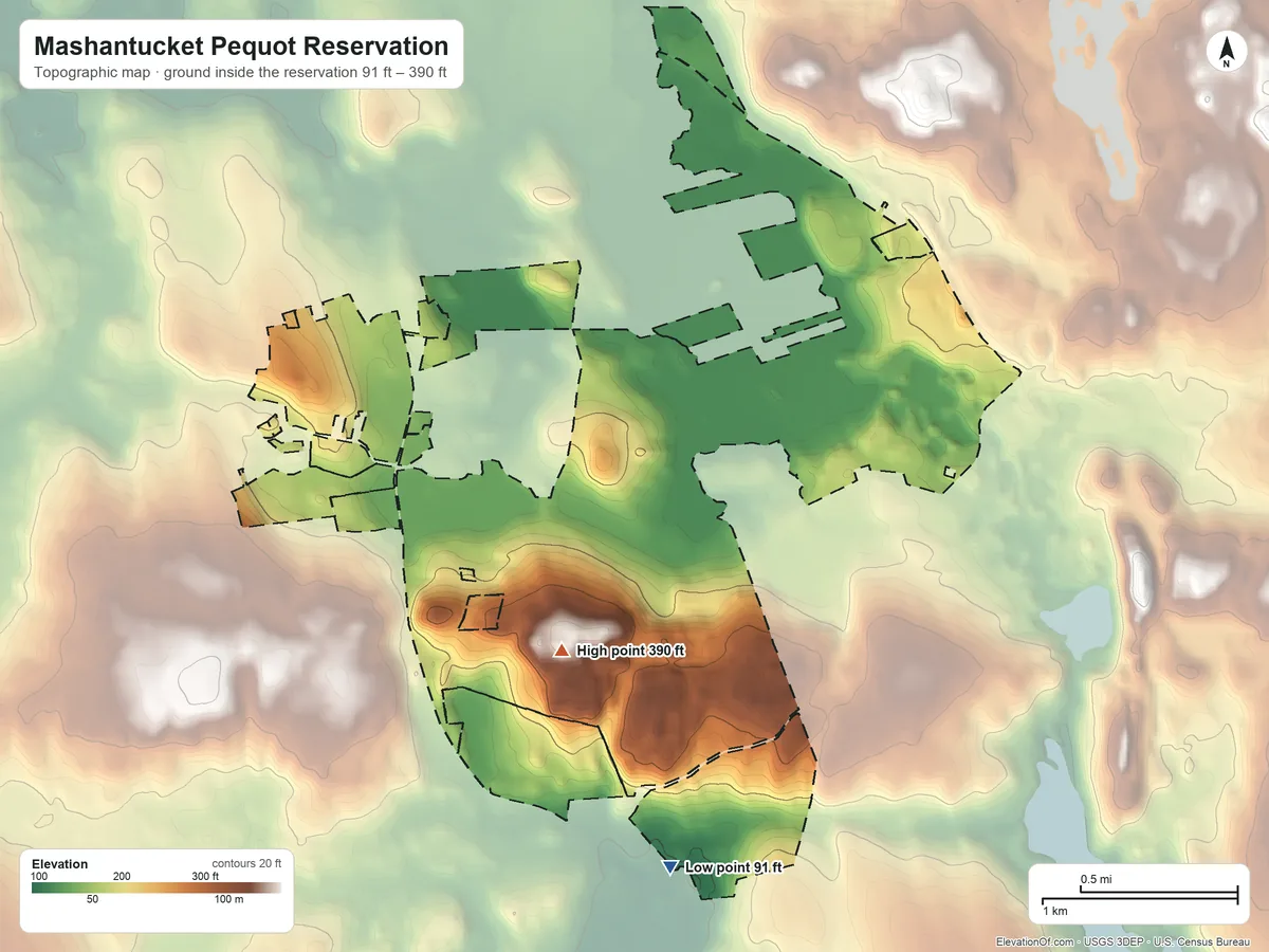 Topographic elevation map of Mashantucket Pequot Reservation, Connecticut, shaded from 91 ft on the south side to 390 ft on the southwest side