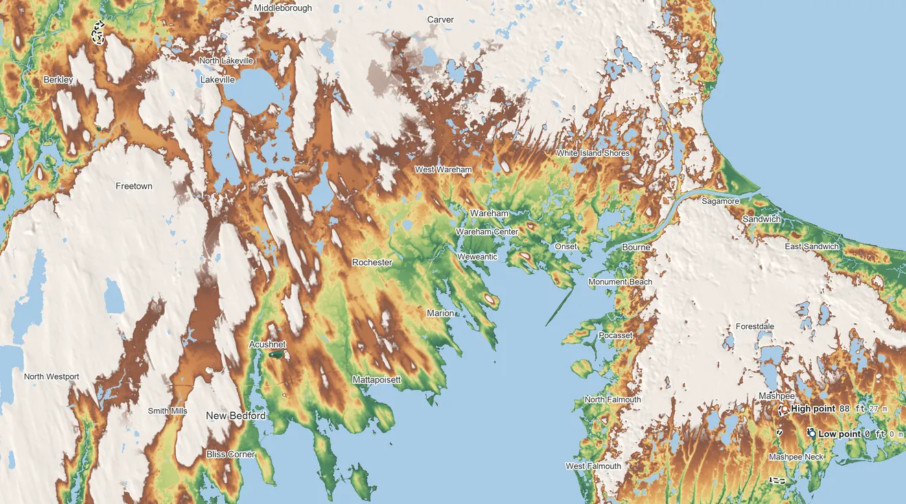 Topographic elevation map of Mashpee Wampanoag Trust Land, Massachusetts, shaded from sea level on Shoestring Bay to 88 ft on the southeast side