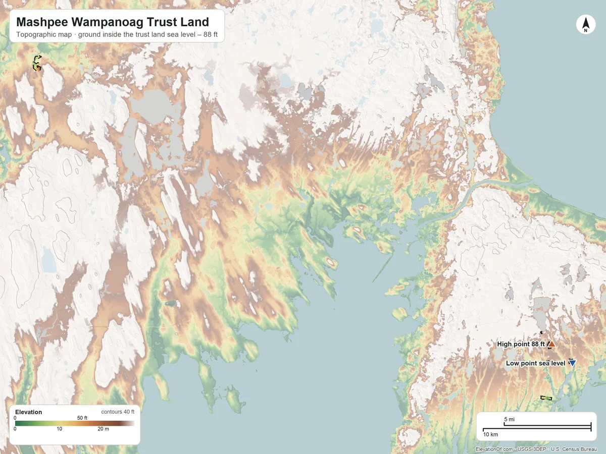 Topographic elevation map of Mashpee Wampanoag Trust Land, Massachusetts, shaded from sea level on Shoestring Bay to 88 ft on the southeast side