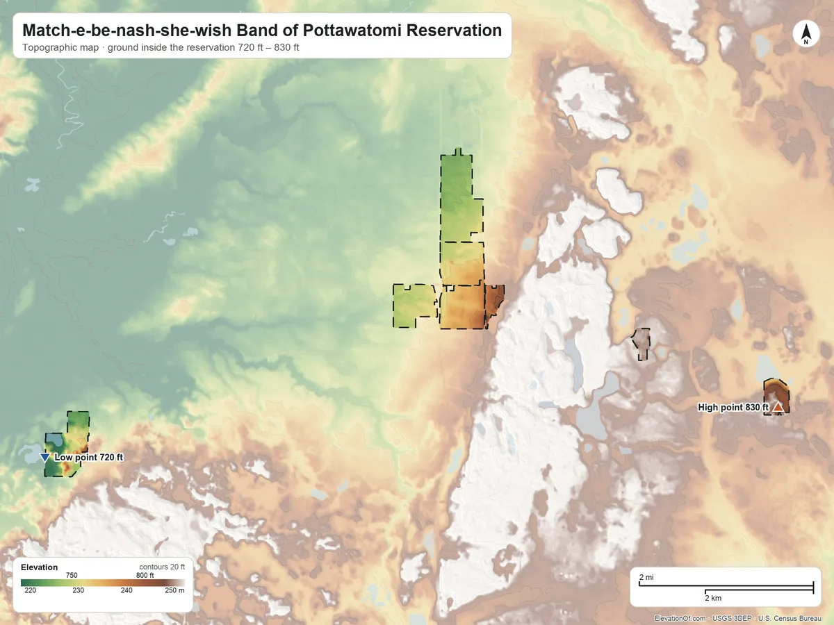 Topographic elevation map of Match-e-be-nash-she-wish Band of Pottawatomi Reservation, Michigan, shaded from 720 ft on the west side to 830 ft on the east side
