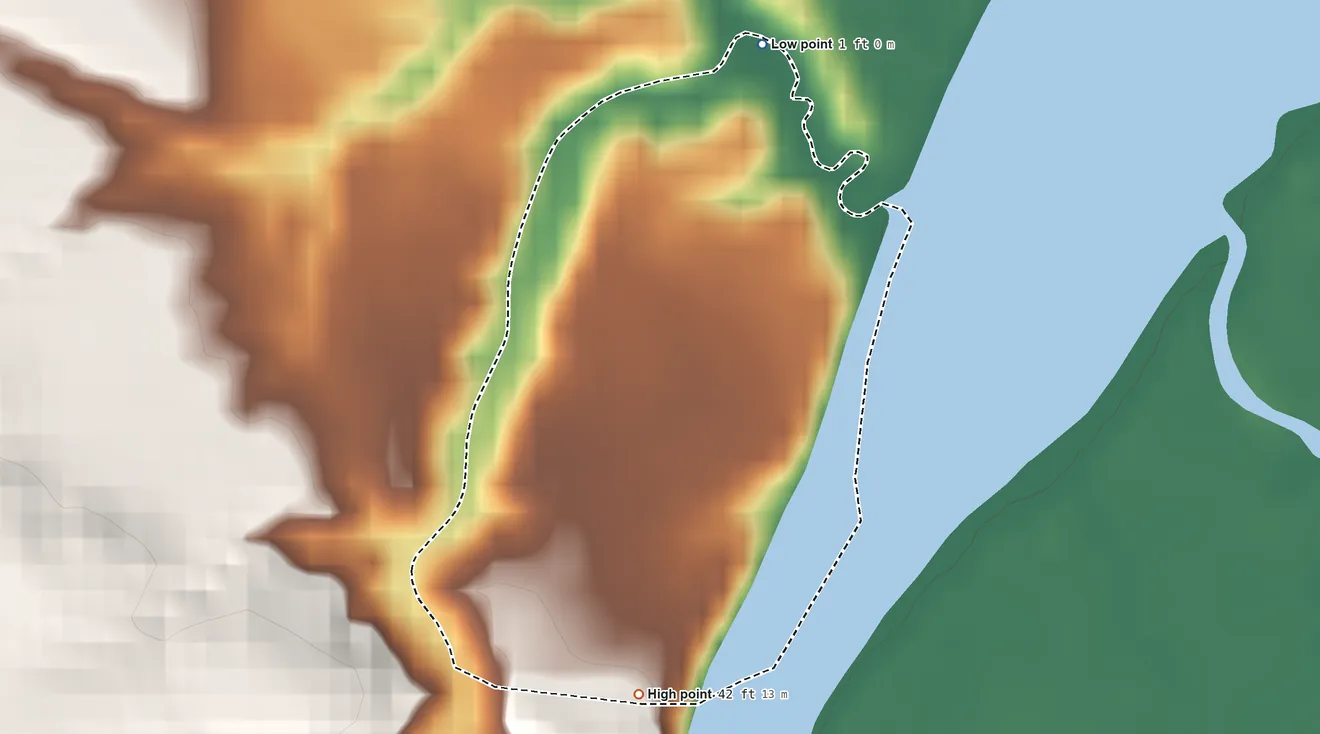 Topographic elevation map of Mattaponi (state) Reservation, Virginia, shaded from 1 ft on the north side to 42 ft on the south side
