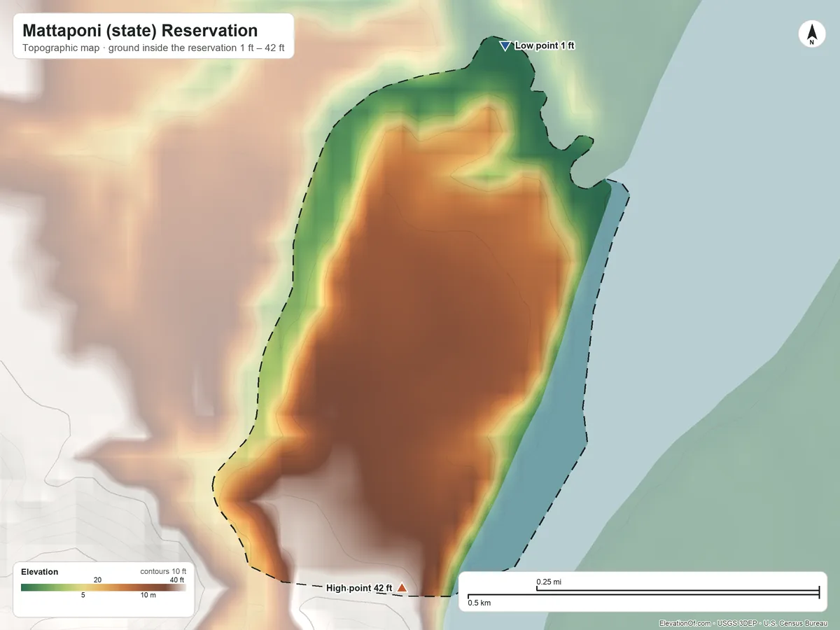 Topographic elevation map of Mattaponi (state) Reservation, Virginia, shaded from 1 ft on the north side to 42 ft on the south side