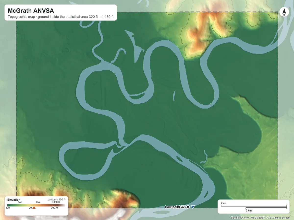 Topographic elevation map of McGrath ANVSA, Alaska, shaded from 320 ft on the southeast side to 1,130 ft on the southwest side