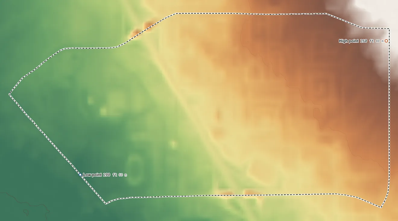 Topographic elevation map of Mechoopda TDSA, California, shaded from 200 ft on the southwest side to 260 ft on the east side