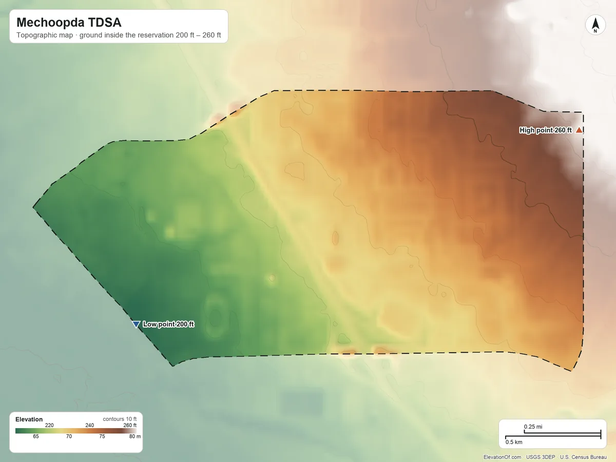 Topographic elevation map of Mechoopda TDSA, California, shaded from 200 ft on the southwest side to 260 ft on the east side