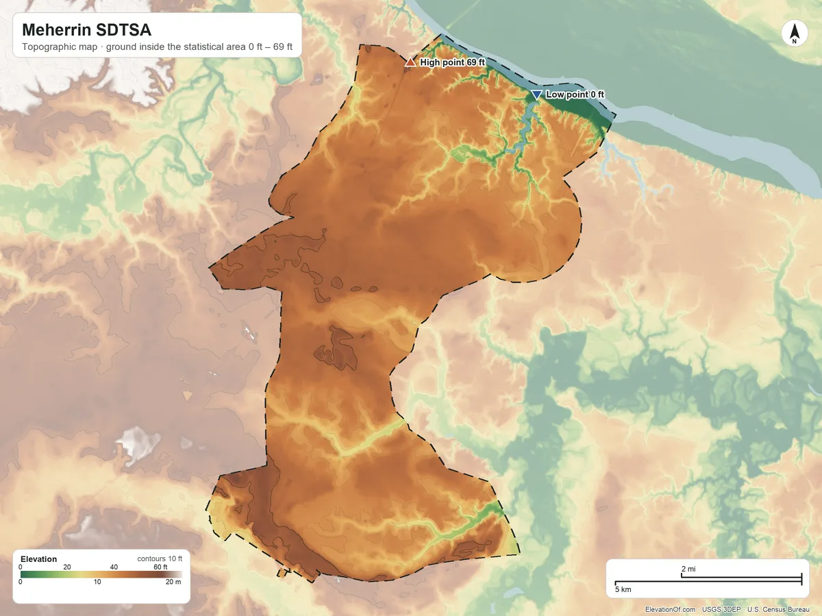 Topographic elevation map of Meherrin SDTSA, North Carolina, shaded from 0 ft on the northeast side to 69 ft on the north side