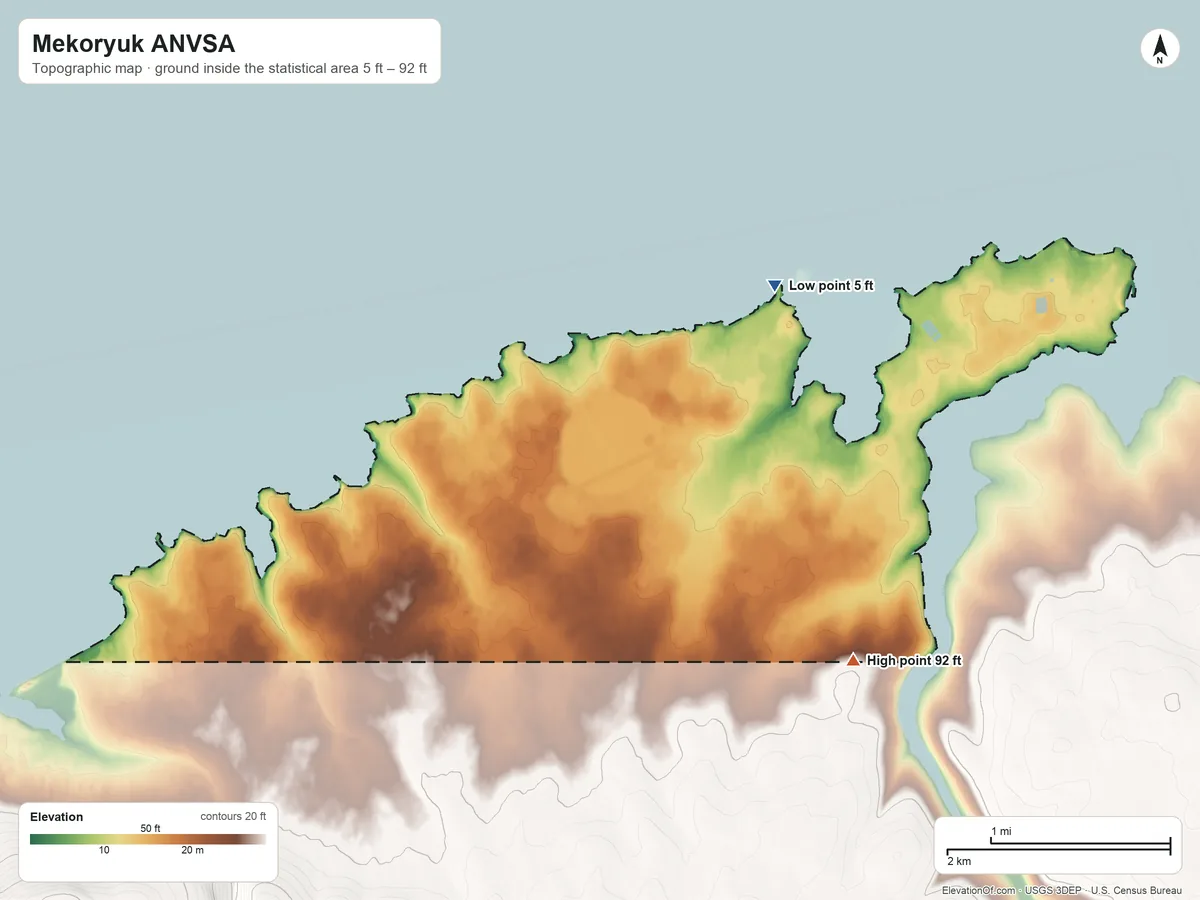 Topographic elevation map of Mekoryuk ANVSA, Alaska, shaded from 5 ft on the northeast side to 92 ft on the southeast side