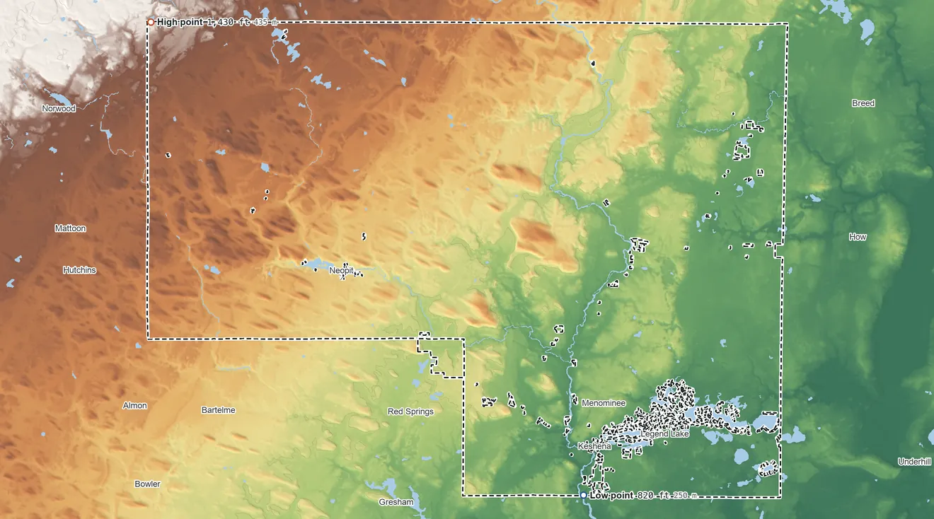 Topographic elevation map of Menominee Reservation, Wisconsin, shaded from 820 ft on the southeast side to 1,430 ft on the northwest side