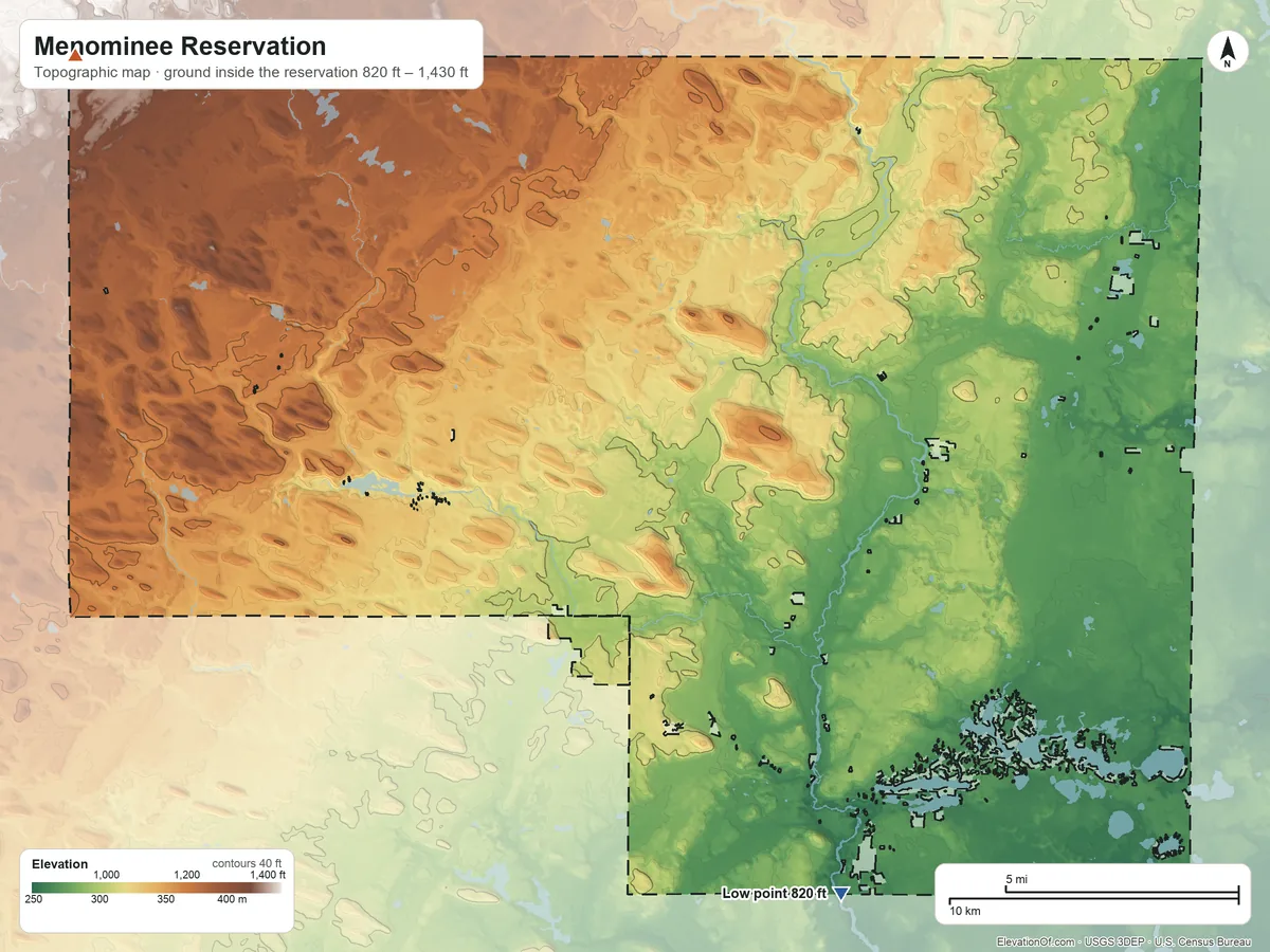 Topographic elevation map of Menominee Reservation, Wisconsin, shaded from 820 ft on the southeast side to 1,430 ft on the northwest side