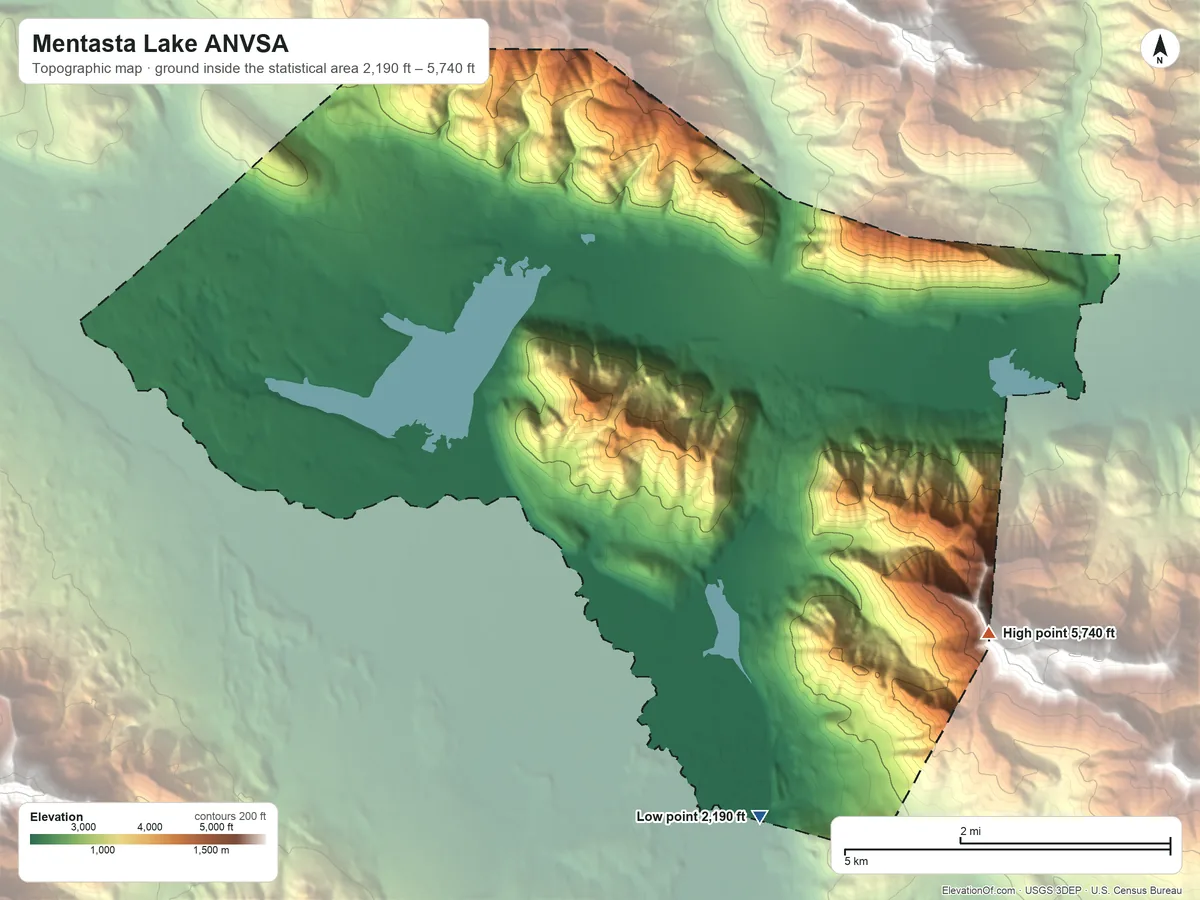 Topographic elevation map of Mentasta Lake ANVSA, Alaska, shaded from 2,190 ft on the southeast side to 5,740 ft on the southeast side