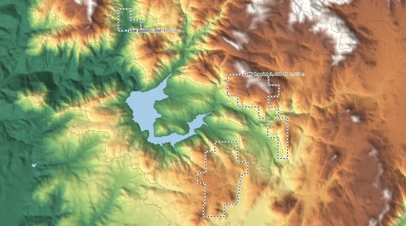 Topographic elevation map of Mesa Grande Reservation, California, shaded from 2,000 ft on the northwest side to 3,440 ft on the northeast side