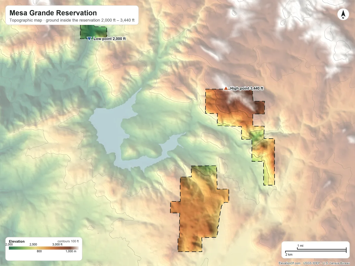 Topographic elevation map of Mesa Grande Reservation, California, shaded from 2,000 ft on the northwest side to 3,440 ft on the northeast side